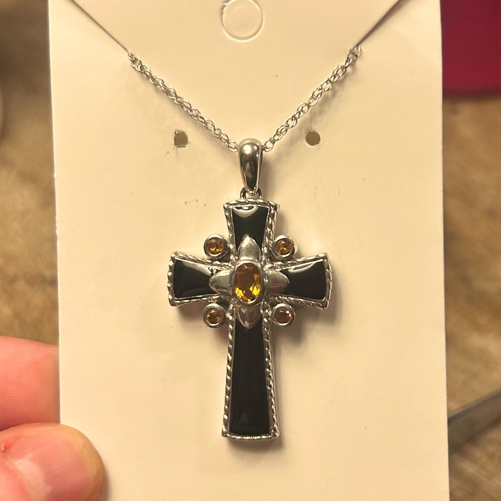 Black Enamel Citrine Cross with Thin Chain CNA Thailand Sterling Silver
